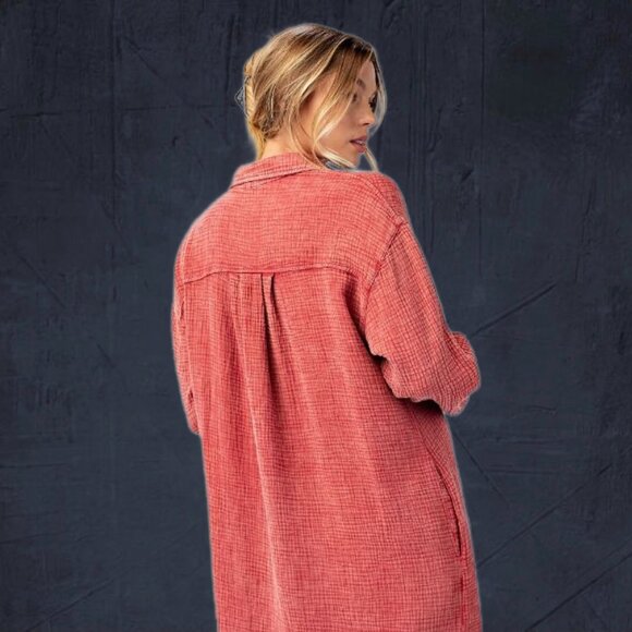 EASEL “Irresistible” Lux Mineral Washed Buttoned Relaxed Fit Shirt Dress Pockets - Picture 10 of 16